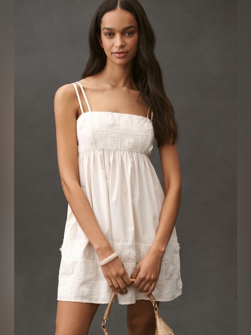 Anthropologie Embroidered Cotton Sleeveless Square-Neck Mini Babydoll Dress